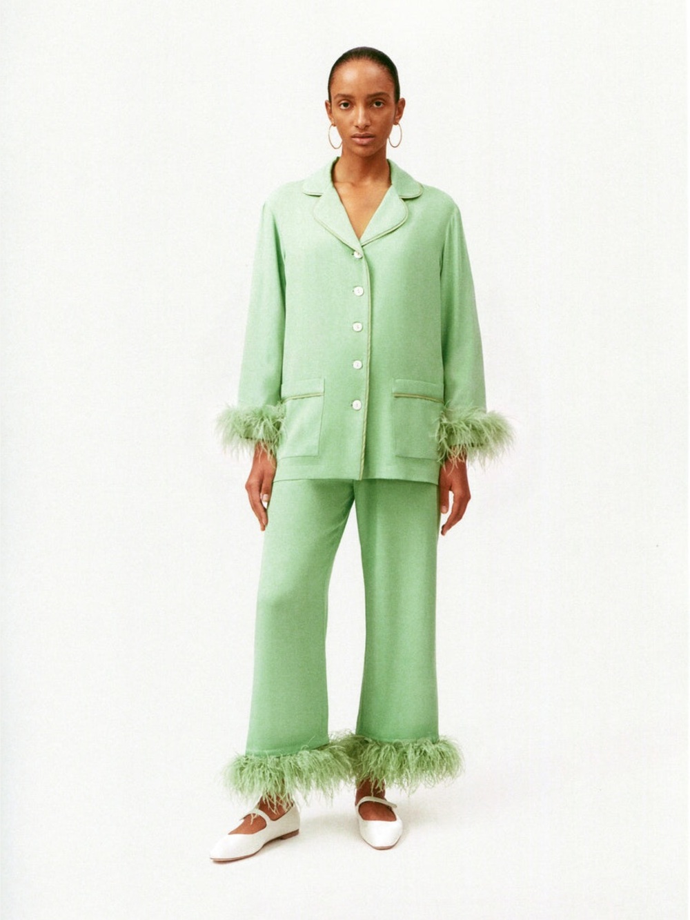 Sleeper Party Pajamas Set with Detachable Feathers in Mint